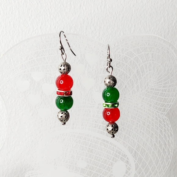 Christmas Dangle Glass Beaded Earrings Rhinestone Antique Silver Beads Handmade - Picture 1 of 4